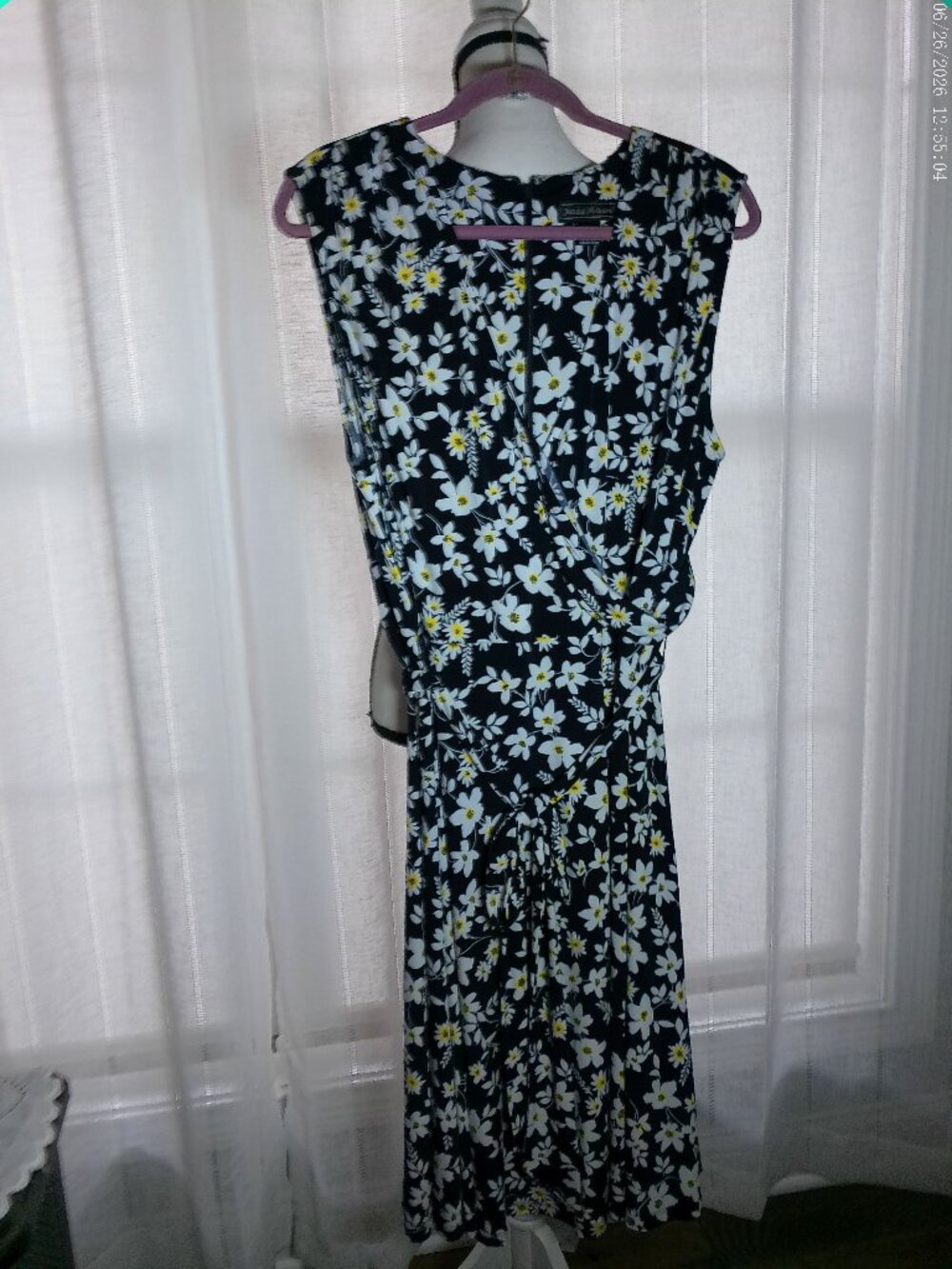 JESSICA HOWARD Dress Midi Belt Surplice Back Zip Black w/White Daiseys NWOT 16W